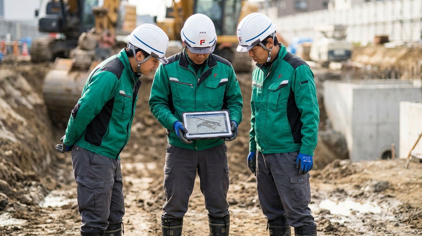 現場でタブレットの3D地形データを見ながらデジタルで情報共有する作業員たち