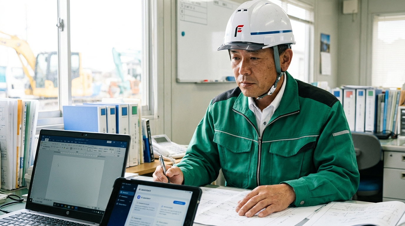 現場事務所でノートPCとタブレットのAIを使い書類を作成する作業員