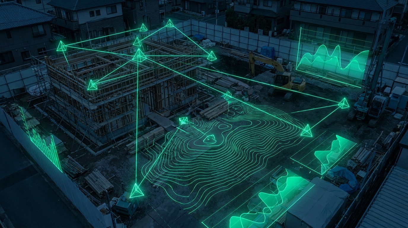 ドローン空撮にAIが測量・解析データを重ねたICT施工のイメージ