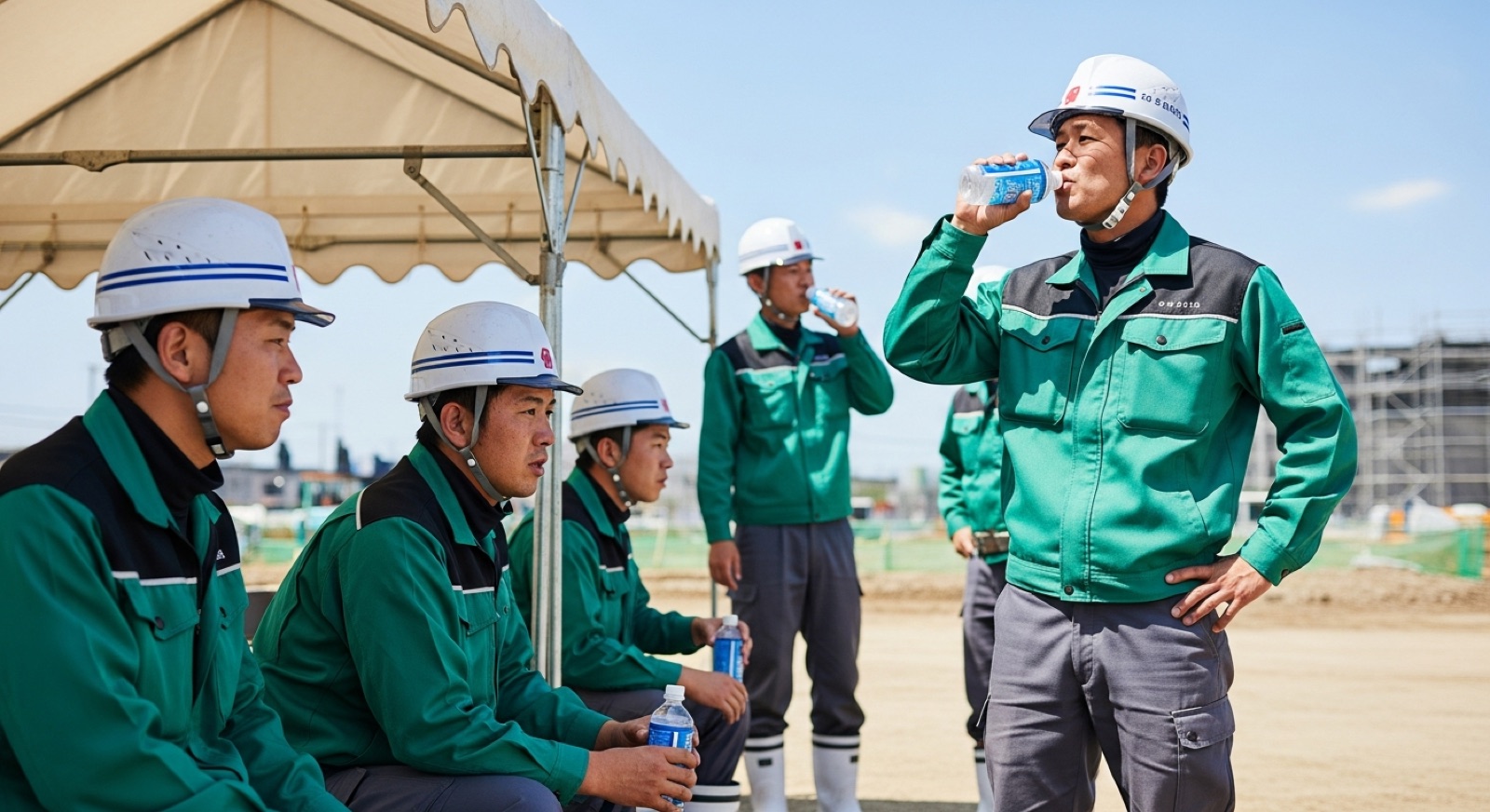 夏の土木現場で日陰の休憩所に集まり水分補給をする日本人作業員